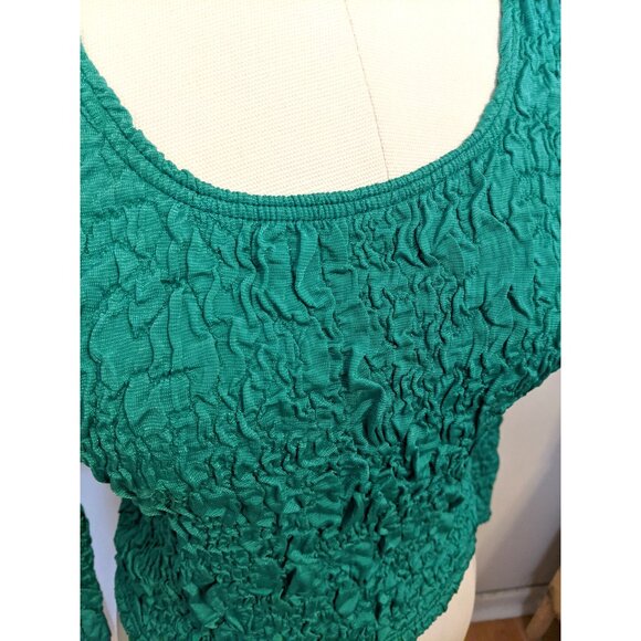 Vintage Y2K Green Teal Bubble Top Long Sleeve Crinkle Stretchy Scoop Neck Sz M - Picture 3 of 7